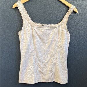 White House Black Market Cream Lace-Trim Damask Tank Top Small